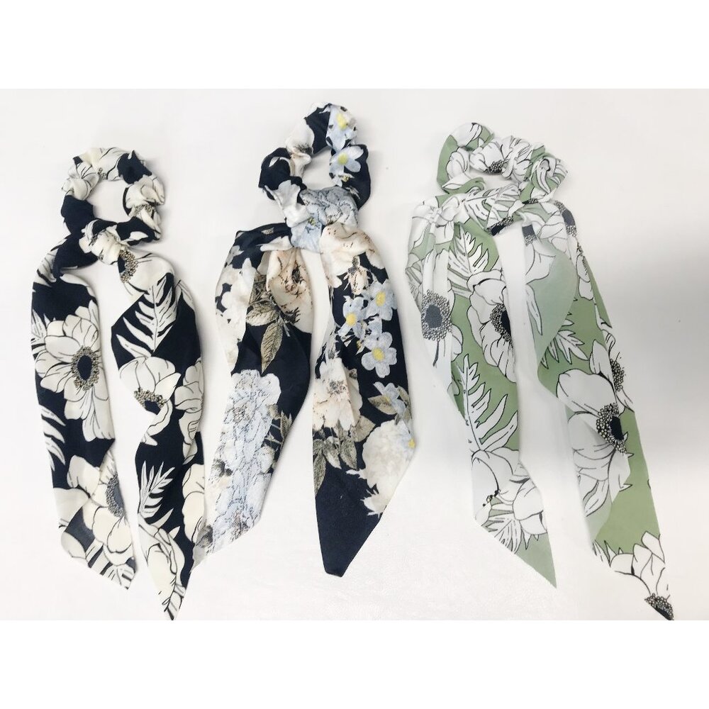 Hair Scrunchies Scarf Accessories Black White Green Floral Lot of 3 Boho Cottage